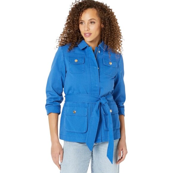 Draper James Women's Belted Utility Jacket 3X Blue Cotton Blend Gold Buttons - Picture 1 of 14